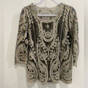 Vintage Embroidered Lace Black Top Festival Gold Trim Whimsigoth Long Sleeve